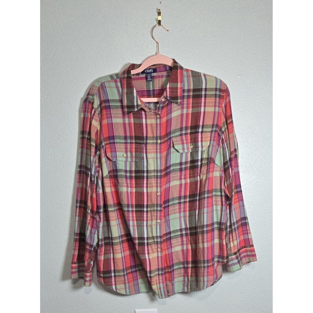 Chaps Denim Women's 2X Plaid Button Up Shirt Pink Purple Coral 100% Cotton